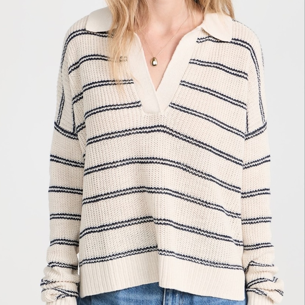 Faherty Striped Collared Knit Sweater Cream Navy Size Small